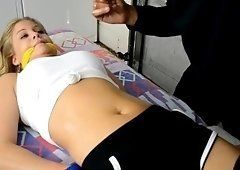 Gagged belly button tickle