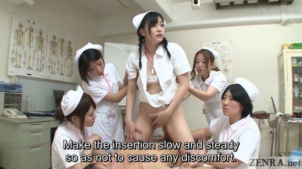 Japanese nurse in long surgical glove works prostate and milks patient.